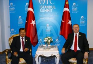 President Erdogan meets with Indonesian VP Jusuf Kalla on the sidelines of the Islamic Summit.