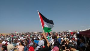 Palestinian flag is raised above crowds of people who gathered in Negev to mark Nakba (MEE) .