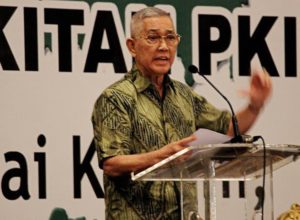 Former vice president Try Sutrisno speaks at a national symposium titled Protecting Pancasila from Threats of the Indonesian Communist Party (PKI) and Other Ideologies. JP Photo.