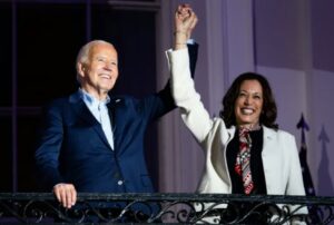 President Joe Biden, left, and Vice President Kamala Harris, on the Truman Balcony of the White House, on July 4, 2024. (Photo: Tierney L. Cross/Bloomberg via Getty Images)