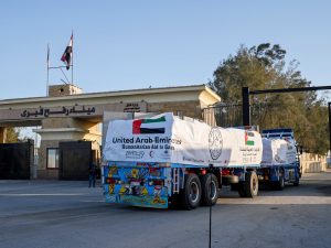 UAE humanitarian aid trucks cross the Rafah border, Egypt, heading to the Gaza Strip. (Photo: WAM)