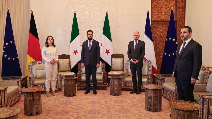 French Foreign Minister Jean-Noel Barrot and German Foreign Minister Annalena Baerbock met with Syria’s new de facto ruler Ahmed al-Sharaa in Damascus on Friday, January 3, 2025. (Image: X)