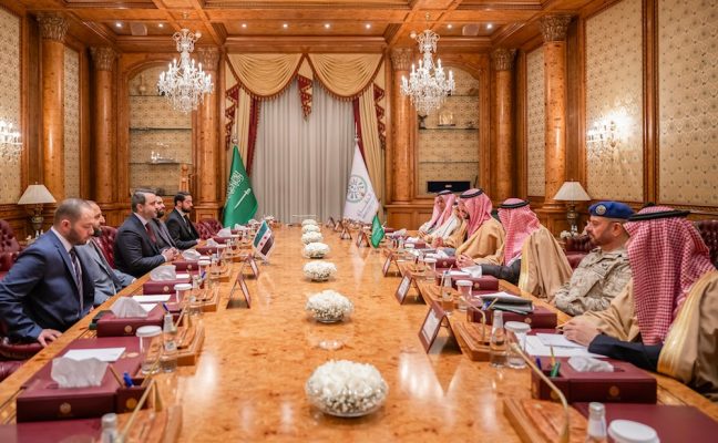 The meeting between the Ministers of Defense of Saudi Arabia and Syria in Riyadh, Thursday, December 2, 2025. (Image: X)