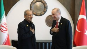 Turkish President Recep Tayyip Erdogan and Iranian President Masoud Pezeshkian held a meeting on Friday, July 4, 2025 on the sidelines of the 17th Economic Cooperation Organization (ECO) summit in Khankendi, Azerbaijan. (Photo: Anadolu Agency)