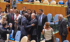 UK Foreign Secretary David Lammy greets Palestinian Prime Minister Mohammad Mustafa following his speech at the High-Level International Conference on achieving a peaceful resolution to the Palestinian question and implementing a long-term sustainable peace, reviving the prospect of a two-state solution at the United Nations headquarters in New York, United States on July 29, 2025. [Selçuk Acar – Anadolu Agency]