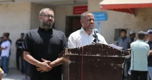 Hamas spokesperson Hazem Qassem and Director of the Government Media Office in Gaza Ismail Al-Thawabta deliver a press statement outside Al-Aqsa Martyrs Hospital (photo: Anadolu Agency)